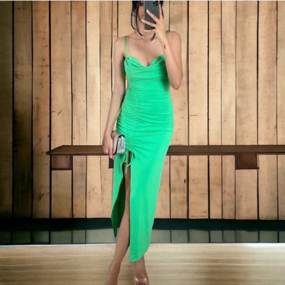 ZARA draped midi dress green size xs